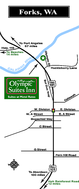 Map of Forks, WA, showing location of Olympic Suites Inn